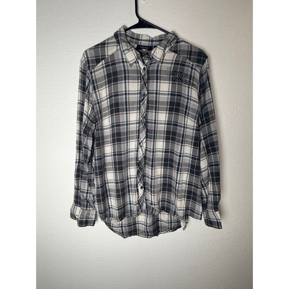 Harley Davidson Womens Plaid Button Down Shirt‎ Grey Rayon Embroidered Logo 1W